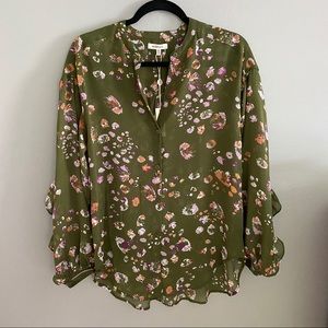 SOLD Max Studio Olive Floral Ruffle Blouse